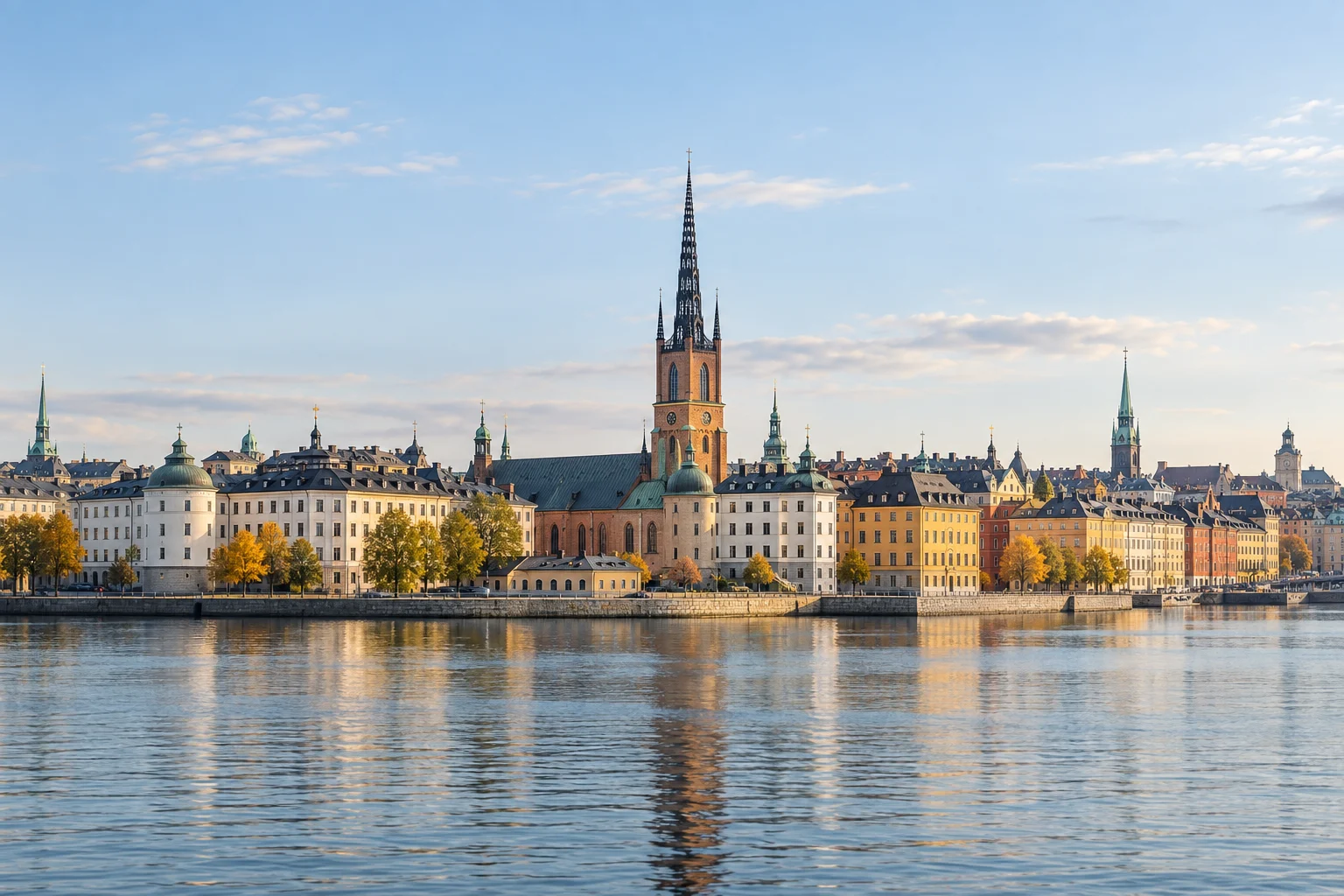 Genererad illustration av Stockholms stadssiluett vid vattnet.
